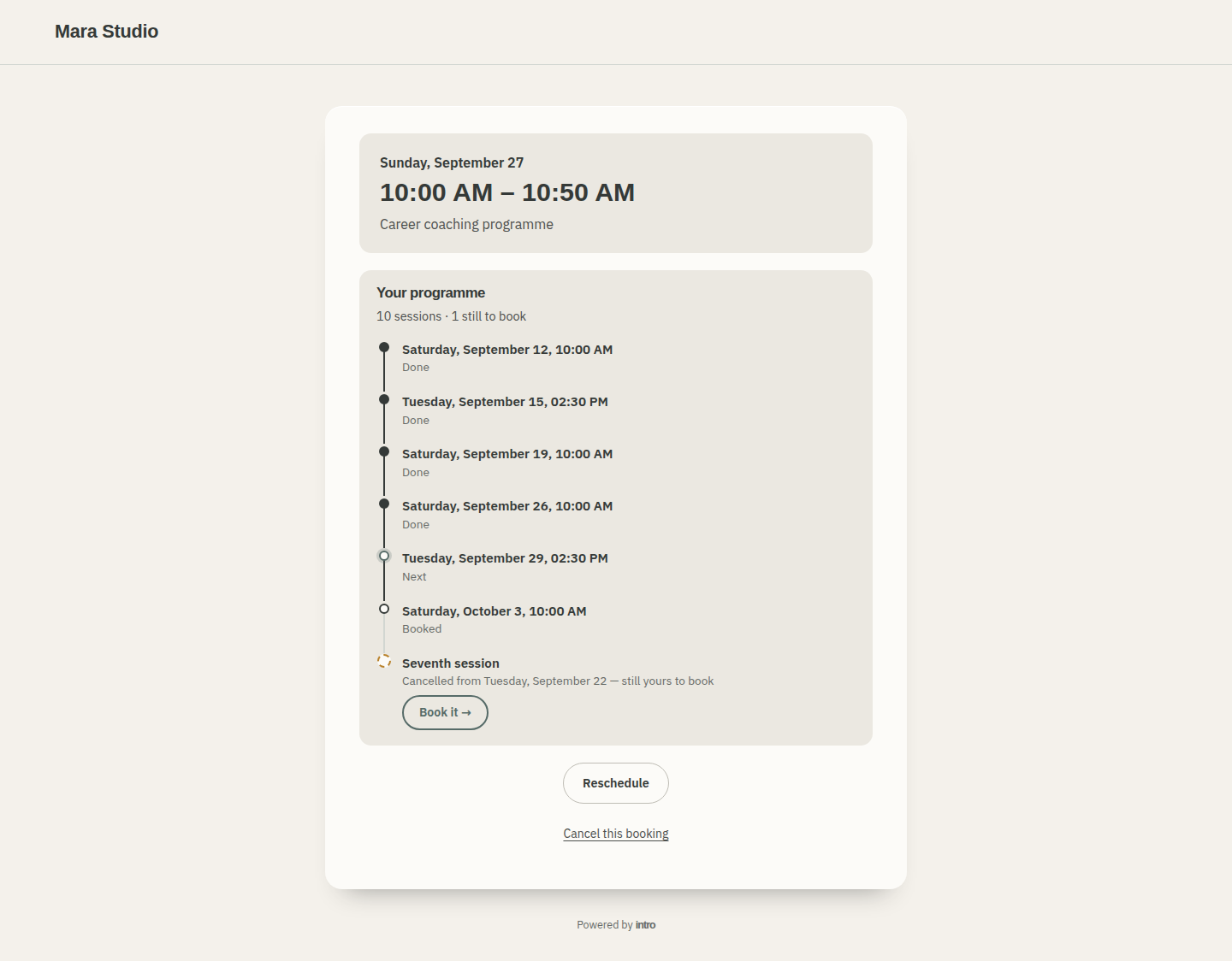 A client's own link showing every session in their programme