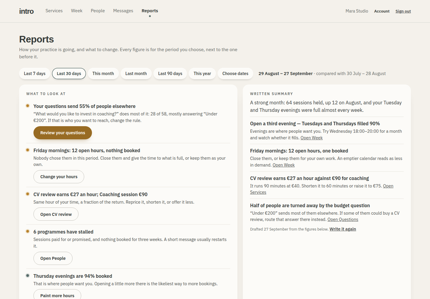 Reports showing the few things most worth changing and a written summary